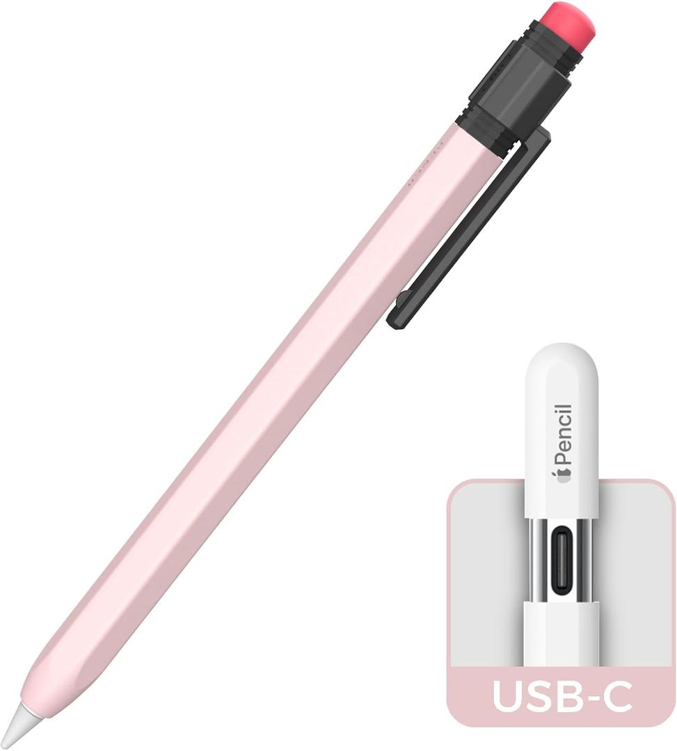 Apple Pencil USB C Case,Silicone Sleeve Protective Cover Perfect Grip Skin Classic Design with Sturdy Clip Compatible with Apple Pencil USB-c for ipad pro (Pink)