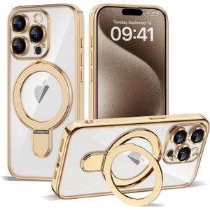 Compatible with iPhone 15 Pro Max Case with Invisible Magnetic Ring Stand [Compatible with Mag-Safe] [Full Camera Lens Protector] Plating Clear Phone Case for iPhone 15 Pro Max 6.7", Gold