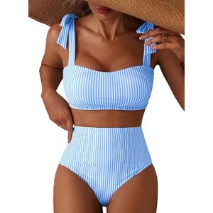 Herseas Women's Striped Bikini Sets Adjustable Tie Shoulder Swim Suits High Waisted Moderate Coverage Bathing Suits Cute Beach Vacation Clothes for Teens Large