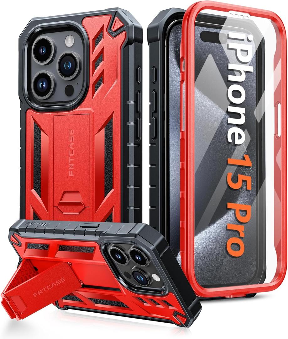 FNTCASE for iPhone 15 Pro Case: Military Grade Drop Proof Rugged Protective Cell Phone Cover with Kickstand & Built-in Protector | Matte Textured Shockproof TPU Hybrid Bumper Cases (Red)