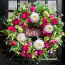 Pinkpuii Spring Wreaths for Front Door Outside 24 Inch Spring Summer Wreath with Vibrant Pink Peony,Tulip & White Rose Flowers and Hello Wooden Sign,Ideal for Farnhouse Porch,Wall,Window Dcor