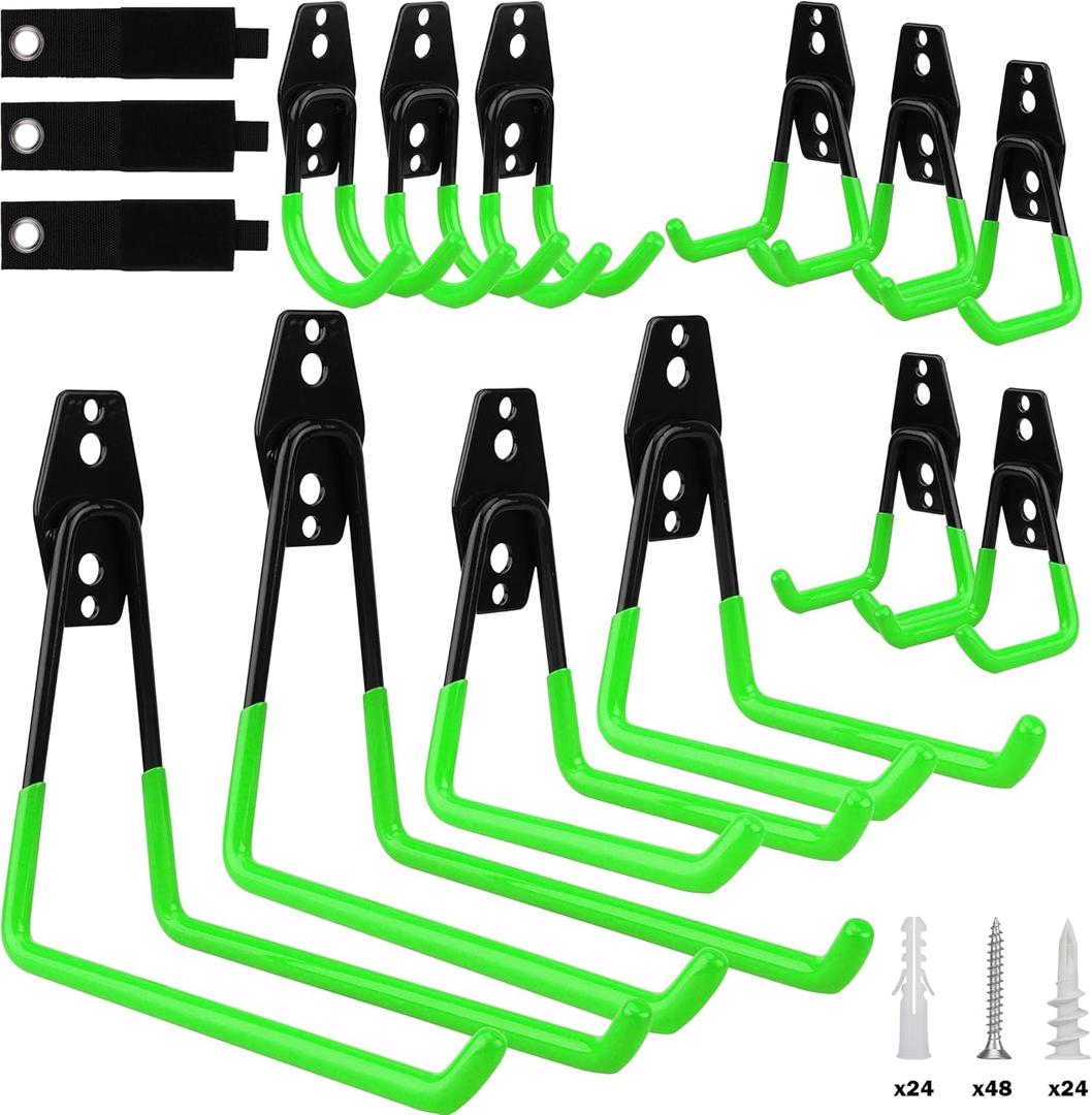 15-Piece Garage Wall Hooks with 3 Extension Straps, Green Heavy Duty Tool Storage Rack for Ladder, Bike, Shovel, Garden Tools, Metal Wall Mount Organizer Set