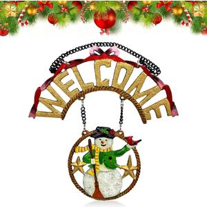 Christmas Welcome Sign for Front Door Decor, Vintage Cast Iron Snowman Door Decor with Chain, Holiday Welcome Home Sign, Christmas Welcome Sign (Welcome Sign)