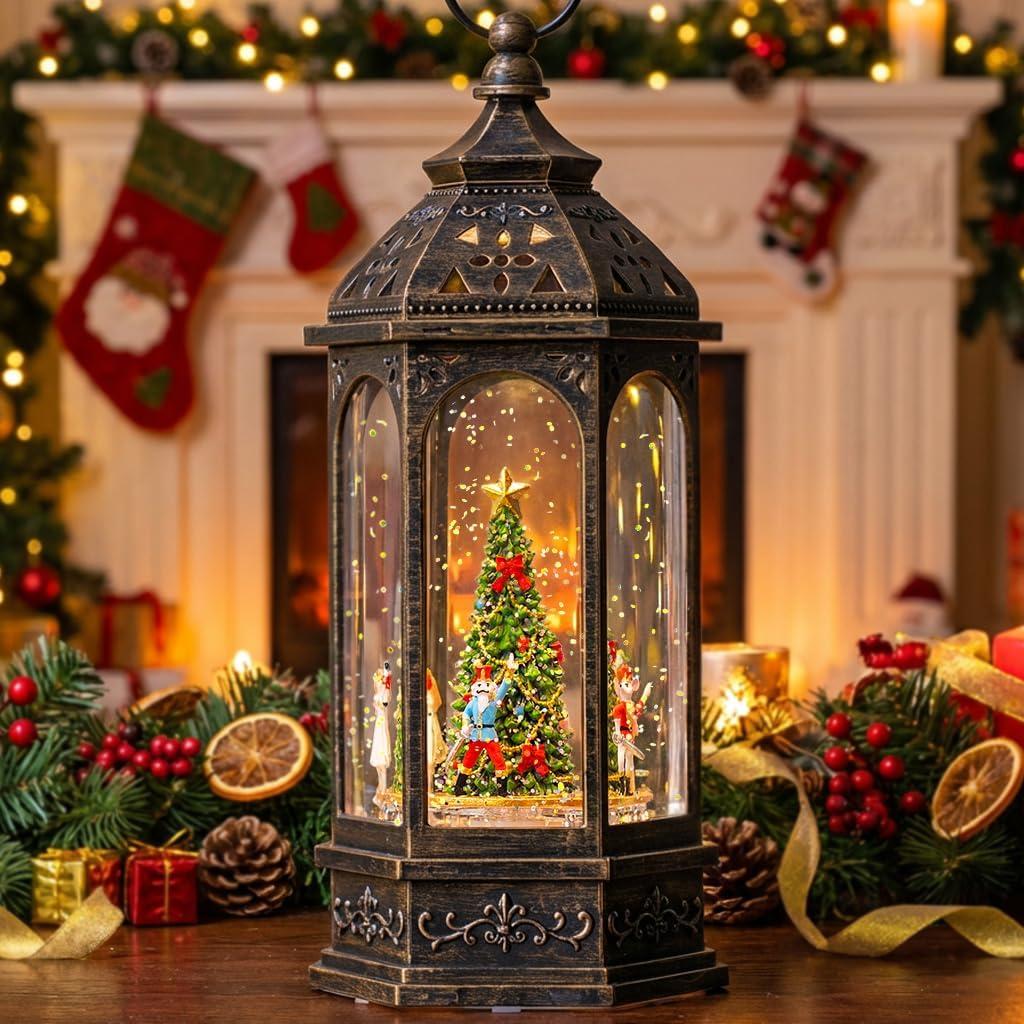 Animated Christmas Snow Globe Lantern with Nutcracker Ballet DecorLighted Swirling Glittering Snow Globes with Music & Timer, Christmas Decorations for Home Tabletop Indoor