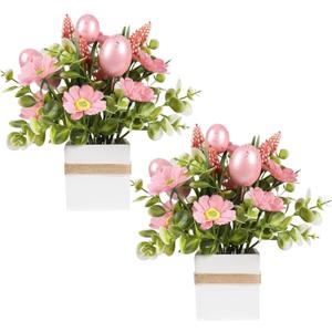 JIALEIXI Easter Decorations, 2 PCS Easter Artificial Flower Egg Potted Table Decorations, for Home Farmhouse Fireplace Holiday Spring Summer Indoor Party Decor. (Pink)