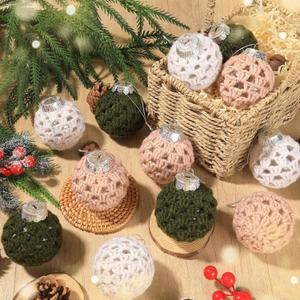 6 Pcs Red White Crochet Christmas Ornaments Ball Farmhouse Rustic Xmas Tree Decoration 2.36 Inch Neutral Handmade Knitted Xmas Tree Hanging Decoration for Winter Holiday Indoor Home Party Decor