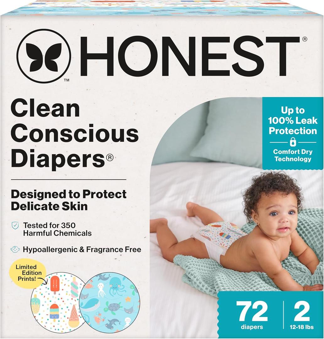 The Honest Company Clean Conscious Diapers for Delicate Skin | Up to 100% Leakproof | Hypoallergenic, Fragrance Free | Summer '25 Limited Edition Prints | Club Box, Size 2 (12-18 lbs), 72 Count