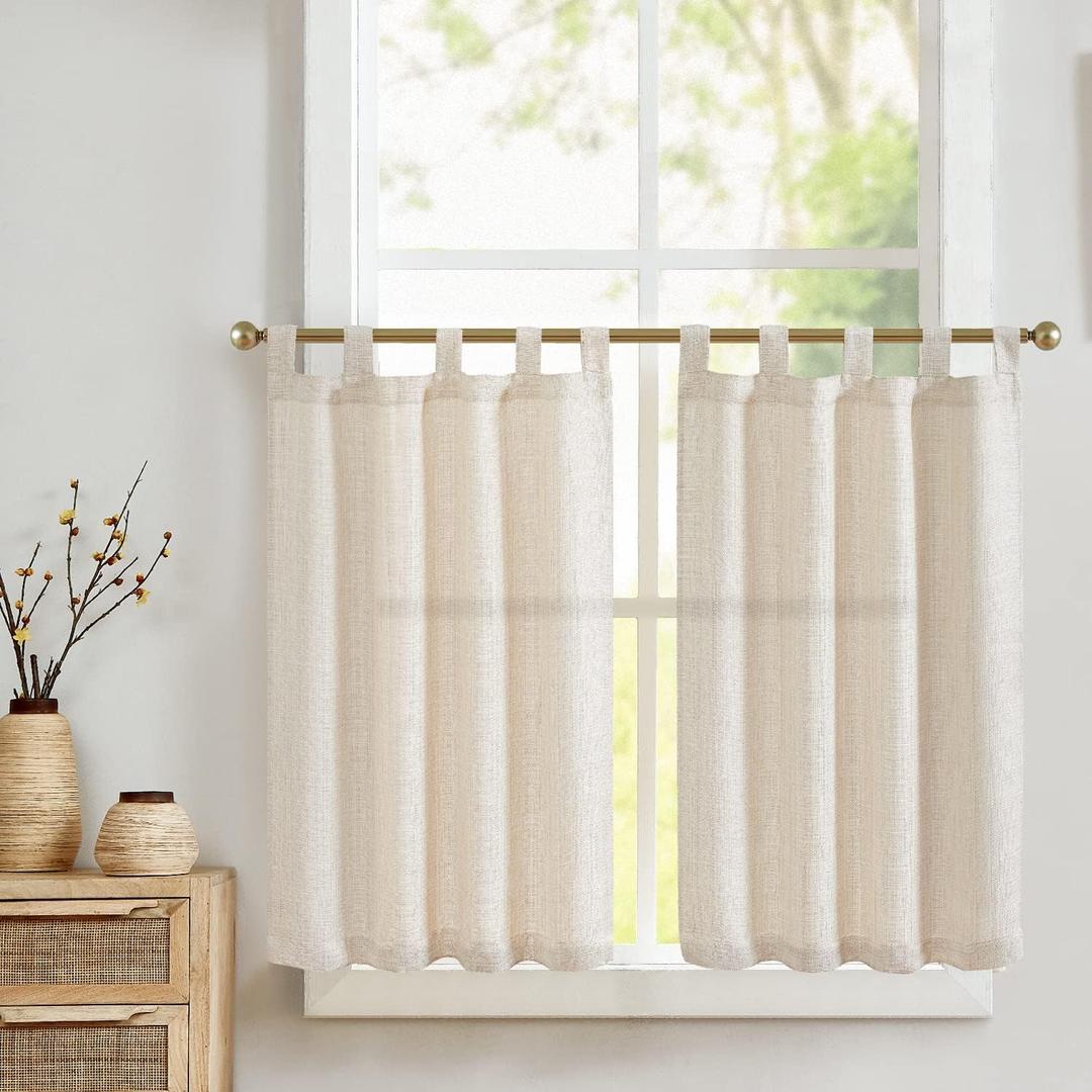 jinchan Tab Top Kitchen Curtains 36 Inch Linen Textured Cafe Tier Curtains for Bathroom Laundry Room RV Half Window Farmhouse Light Filtering Drapes for Small Windows 2 Panels Beige