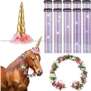 XunYee 12 Pcs Horse Costume Bling Accessory Floral Spiral Horn 10 Mane and Tail Clip in Hair Extensions Bling Pony Tinsel Rose Flower Vine for Real Horse Birthday Party Decor (Golden)
