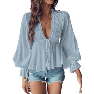 SweatyRocks Women's Lace Long Sleeve Peplum Top Tie Front Blouses V Neck Lantern Shirts, Blue, Medium