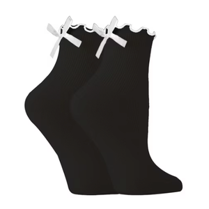 1 Black Pair Womens Bow Socks Ruffle Casual Crew Socks Cute Black Soft Breathable Cotton Frilly Ankle Socks, One size