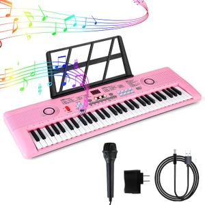 Keyboard Piano 61 Key Electric Digital Piano Music keyboard w/Microphone Portable Piano For Kids Beginner Birthday Christmas Gifts Pink, Compact