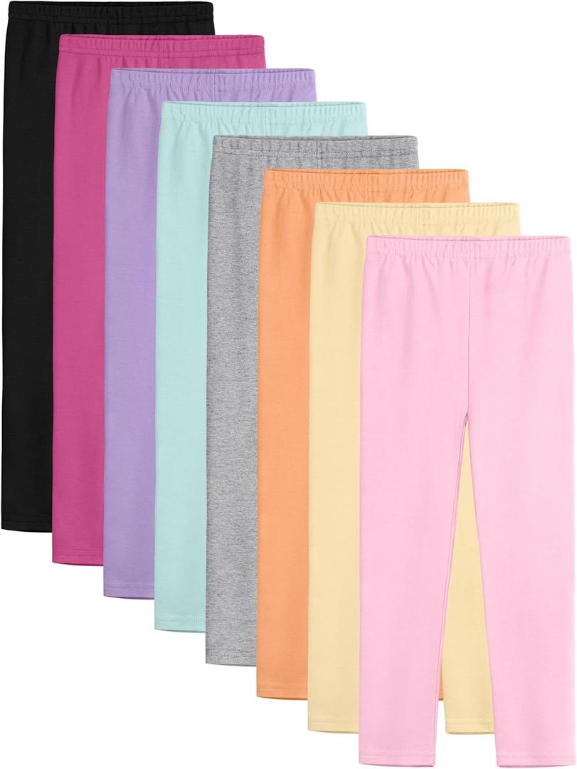 8 Pack Girls Leggings Cotton Leggings for Girls Toddler Warm Stretchy Tights Pants for Kids Pull on Multipack (5-6 Years, Black, Light Pink, Heather Gray, Lavender Purple, Light Orange, Light Yellow, Raspberry Pink, Pale Green)