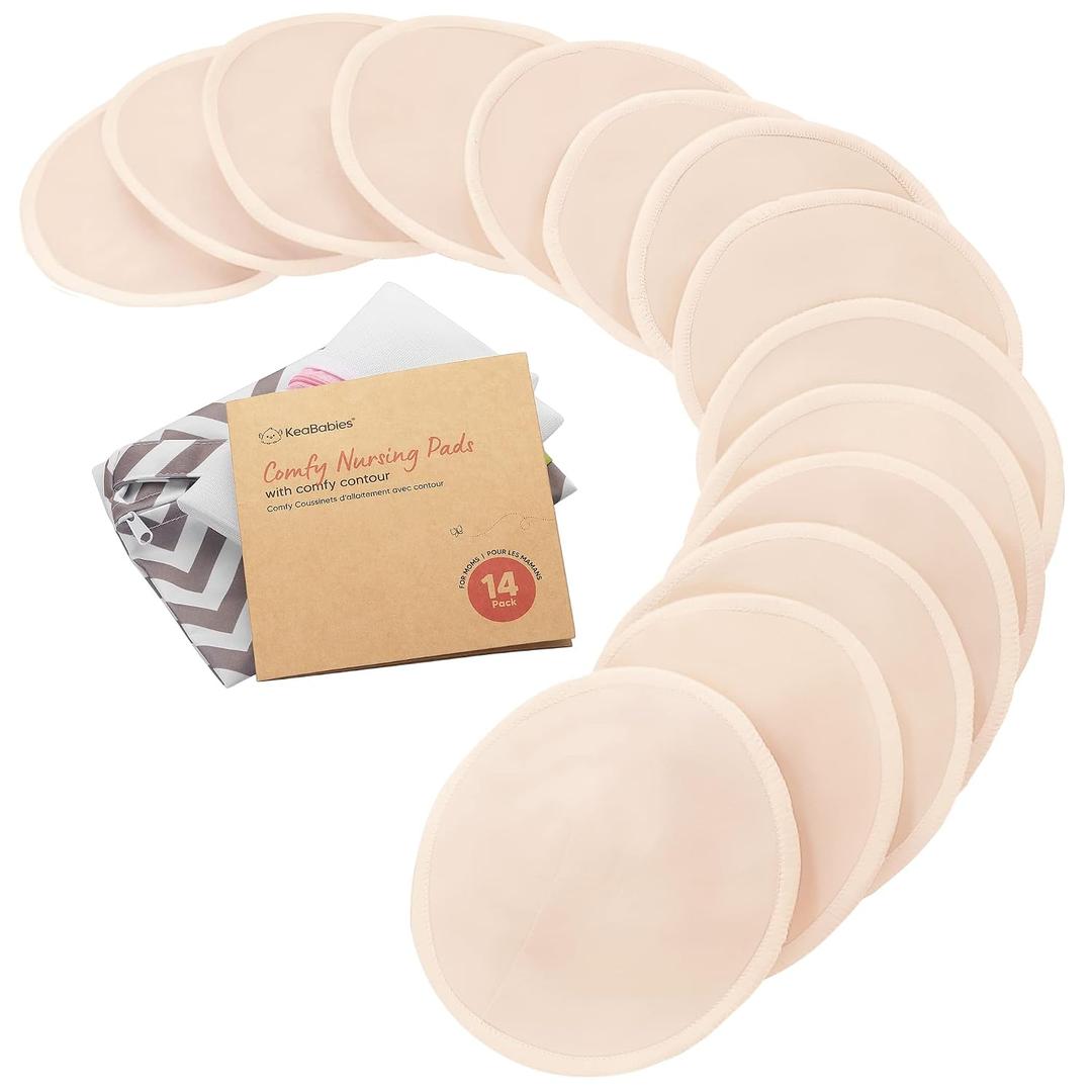 Organic Nursing Pads - 14 Washable Breast Pads for Breastfeeding, Wash Bag, Viscose Derived from Bamboo Reusable Nipple Covers for Breastfeeding Essentials, Soft & Absorbent (Bare Beige, L 5")