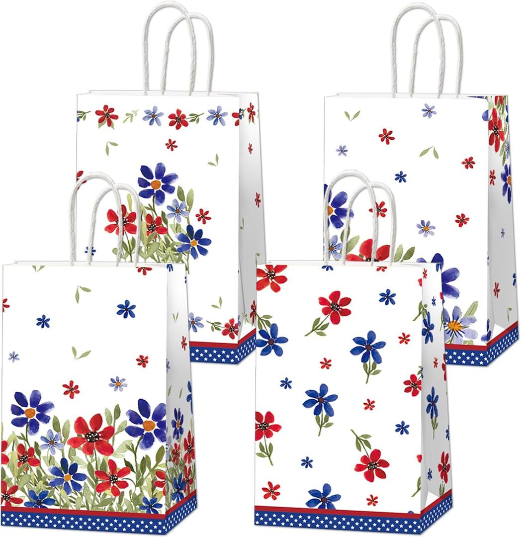 24Pcs American 4th of July Party Gift Bags 250th Patriotic Poppy Flower Party Decorations Red White Blue Independence Day Candy Treat Goodie Bags for Veterans Memorial Day Birthday Parties Supplies