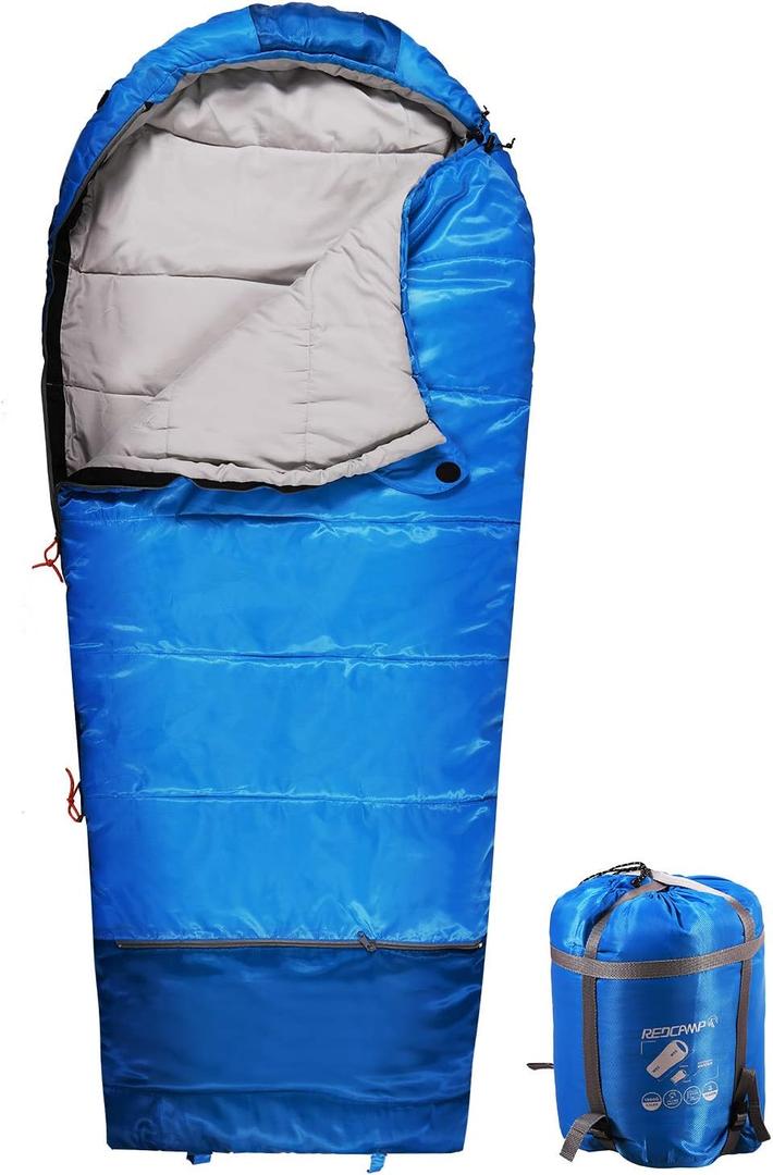 REDCAMP Kids Mummy Sleeping Bag for Camping, 3 Season Cold Weather Sleeping Bag Fit Boys,Girls & Teens, Blue/Rose Red (Blue with 2.4lbs Filling)