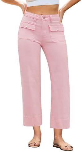 GRAPENT Wide Leg Jeans for Women Trendy High Waisted Straight Leg Cropped Stretchy Denim Pants with Retro Patch Pockets S