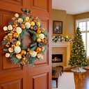 YULETIME 20-inch Christmas Wreath, Battery Operated Holiday Wreath with 20 Fairy Lights, Golden Baubles & Berries, Pine Cones, Golden Leaves, Frosted Spruce Branches and Pine Needles (Gold)