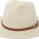 Straw Sun Hats for Women Men Panama Fedora Summer Hat with Leather Belt Wide Brim Beach Sun Jazz Cap (7-7 1/4, 1#beige)