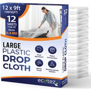 12 Pack 12 x 9 ft Extra Large Plastic Drop Cloth for Painting - Light & Durable Tarp Cover for Furniture - Plastic Clear Tarp Waterproof - Paint Floor Covering - Painters Drop Cloth Sheeting