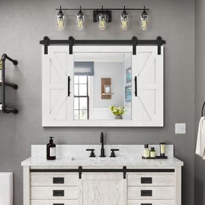 COGOOD Farmhouse Barn Door Mirror - 37" x 26" Rustic Wood Framed Wall Mirror for Bathroom, Living Room, Entryway Wall Decor White