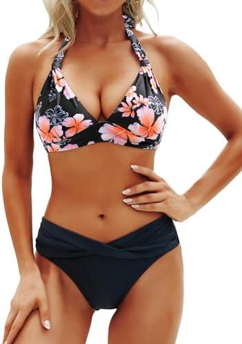 Yonique Women Two Piece Bathing Suits Push Up Bikini Set Halter Swimsuit Vintage Swimwear M