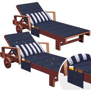 Wenqik 2 Pcs Outdoor Lounge Chair Cushion with Waist Pillow and Side Pockets 72'' x 21'' Waterproof Folding Lounge Cushions for Patio Pool Lawn Beach Outdoor, Navy Blue, No Chair