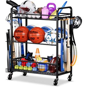 Garage Sports Equipment Organizer - Rolling Ball Storage Rack with Wheels, Sports Gear Organizer for Garage Indoor Outdoor Toy Storage Rack, Basketball Racks Ball Cart with Basket and Hooks Garage Sports Equipment Organizer - Rolling Ball Storage Rack with Wheels, Sports Gear Organizer for Garage Indoor Outdoor Toy Storage Rack, Basketball Racks Ball Cart with Basket and Hooks