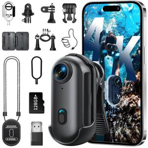 4K Mini Body Camera, Wearable Action Body Cam, Sports Action Camera Thumb Size Hands-Free Recording Body Worn Camera, Premium Portable Camcorder Mount Anywhere for Work, Travel, Fishing(Black-128G)