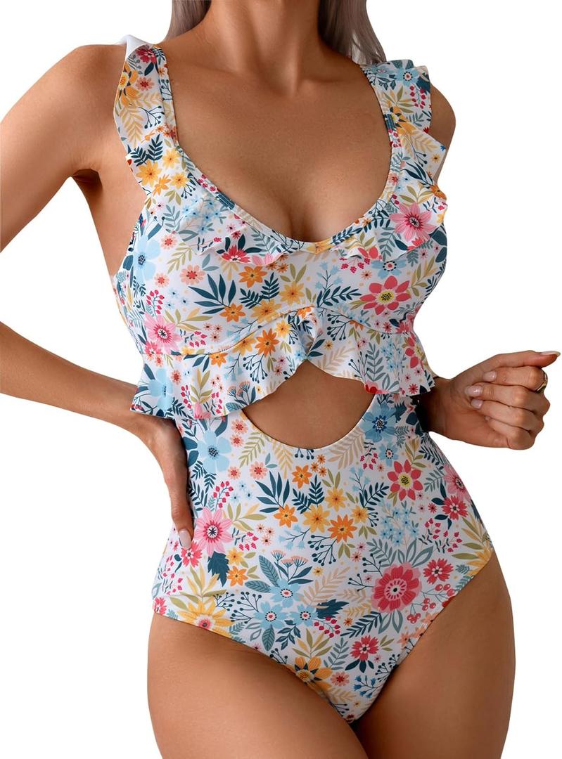 Rainlover Womens One Piece Swimsuits Tummy Control Bathing Suit Cutout High Waisted Ruffle Wrap V Neck Swimwear (Large, Bluepink Floral)