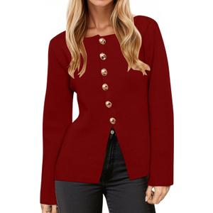 womens cardigan sweaters Long Sleeve Button Up Cardigan Lightweight Knit Business sweater Blazer Casual Fall Jackets (Small, Wine Red)