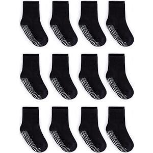 ZAPLES Baby Non Slip Grip Crew Socks with Anti Skid Soles for Infants Toddlers Kids Boys Girls (4-7 Years, Black)