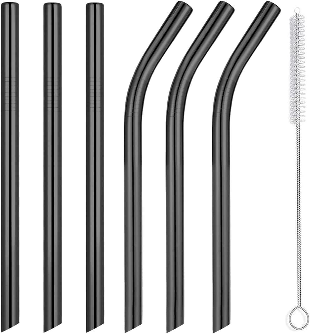 Vinaco Smoothie Straws Reusable & Milkshake Straws 0.5" Diam Wide Mouth Straw, Set of 6 Stainless Steel Straws 10.5" & 8.5" with 1 Long Straw Cleaner BrushBlack Metal Straws for Jumbo Thick Drinks (3 Straight & 3 Bent)