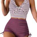 SOLY HUX Women's Striped Tankini Swimsuits V Neck Twist Swim Tops and Drawstring High Waisted Shorts Two Piece Bathing Suit Multicolor, Large
