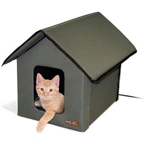 K&H Heated Cat House, Outdoor Kitty Shelter, Safety Listed, 20W, Olive