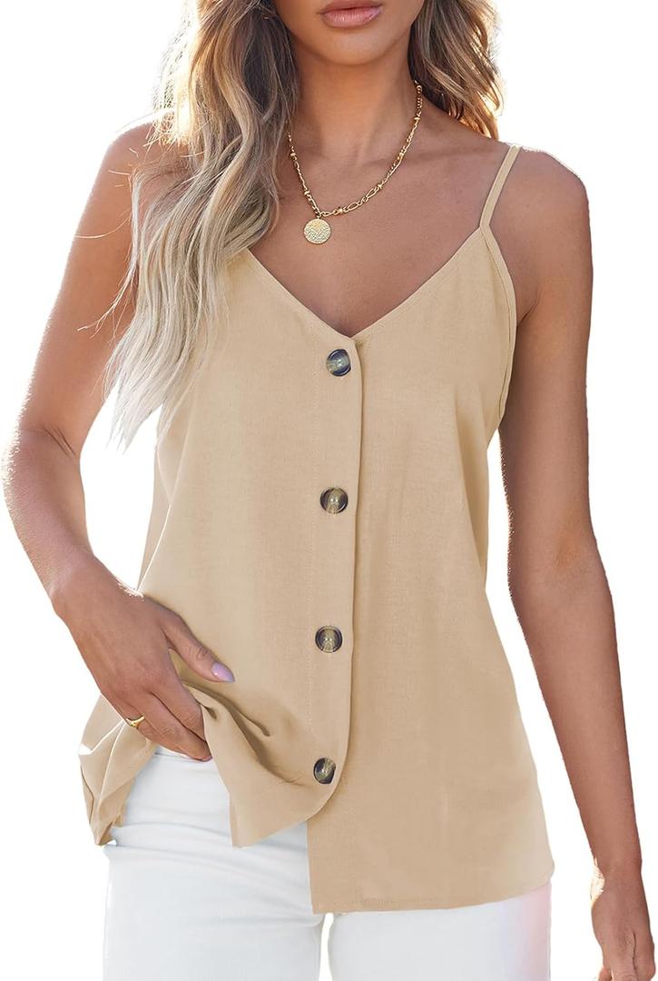 BLENCOT Women Summer Tank Tops Casual V Neck Strappy Loose Beach Sleeveless Shirts Blouses (Small, Apricot)