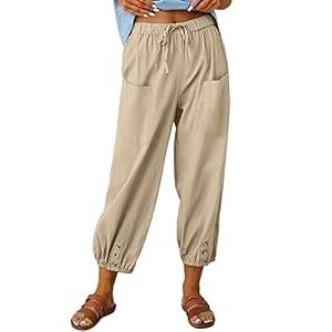 HangNiFang Cotton Linen Capri Pants for Women High Elastic Waisted Drawstring Cropped Pants with Pockets(0966-Khaki-XL)