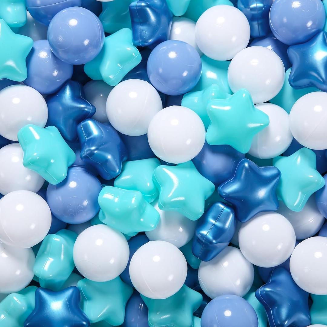 STARBOLO Ball Pit Balls for Ball Pits - 200 Pcs Blue Star and Round Balls Crush Proof Plastic Children's Toy Balls Stars for Birthday Party Pool Indoor Outdoor (3 Blue+White)