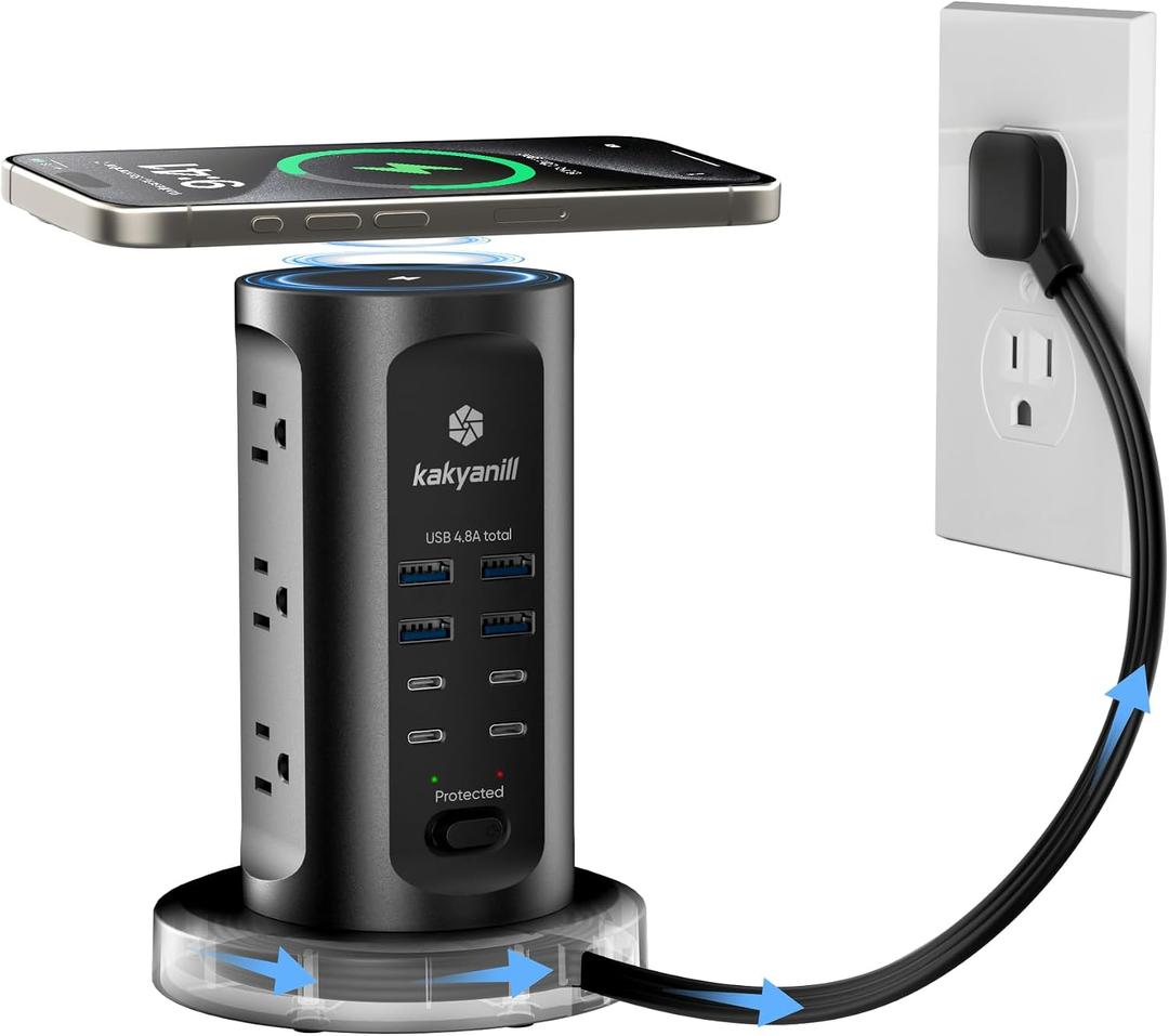 Kakyanill 30W USB Charging Station, Surge Protector Power Strip Tower, 9 AC Outlets with 8 USB Ports(4 USB-C), 6Ft Flat Plug Retractable Extension Cord, for Home Office Dorm, Black