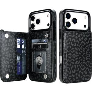 HAOPINSH Wallet Case with Card Holder for iPhone 17 Pro Max, Black Leopard Cheetah Pattern Back Flip Folio PU Leather Kickstand Card Slots Case for Women Girls Shockproof 6.9"