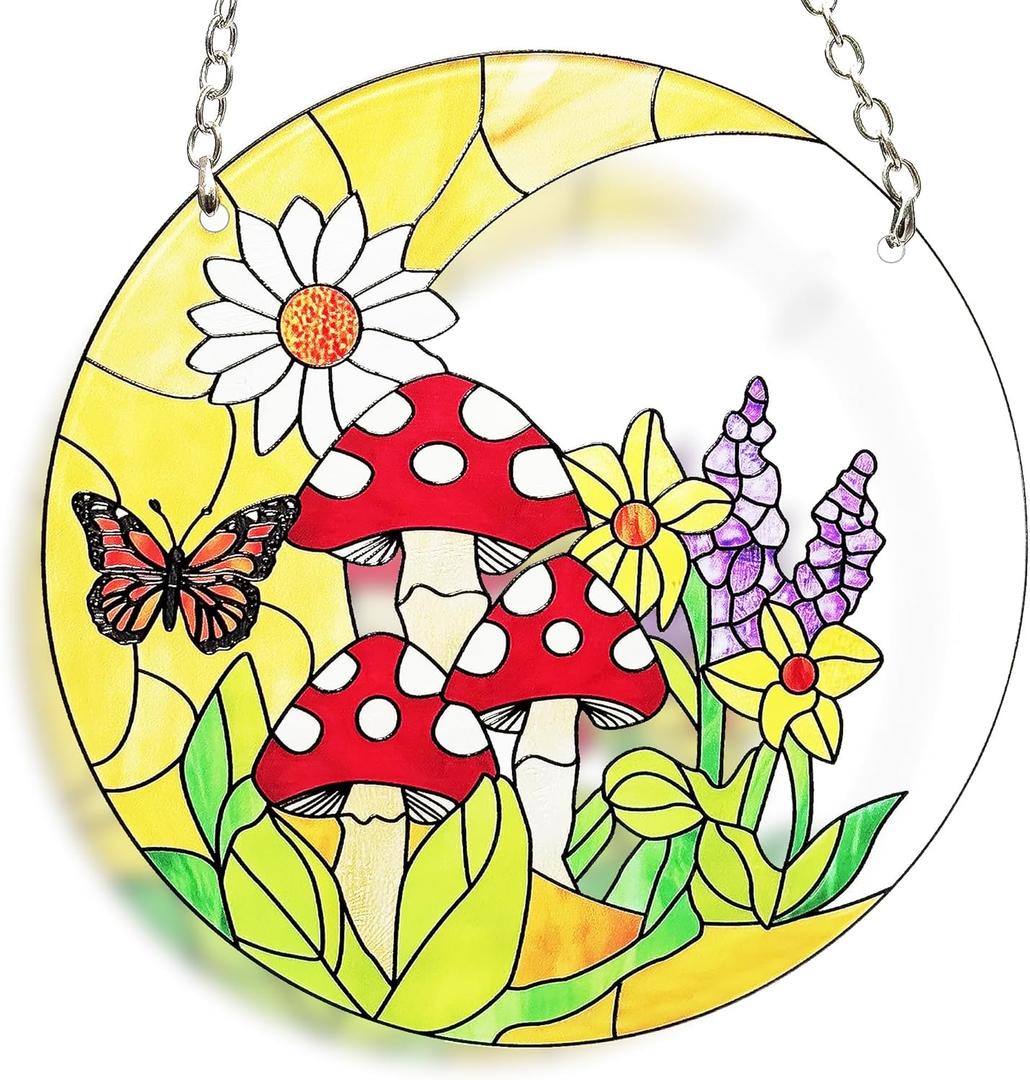 Mushroom Moon Stained Glass Suncatcher Home Decor, Mushroom Plant Lover Gifts for Women, Birthday Gifts for Mom Grandma Mothers