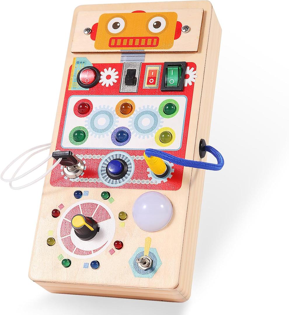Asweets Montessori Busy Board for Toddler, Red Robot Sensory Board with 8 LED Shape Light Switches, Travel & Gift Toys for Kids