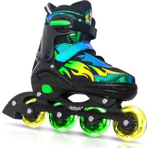 Nattork Adjustable Inline Skates for Kids Adults, Indoor and Outdoor Blades Roller Skates with 8 Light Up Wheels for Boys Girls Aged 4-16, Adult Women Beginners (Medium - Kid (13C-2 US), Aurora Green)