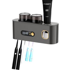 Upgrade Toothbrush Sterilizer,Toothbrush Holder for Bathroom,Tooth Brush Cleaning Tool with Toothpaste Dispenser Wall Mounted Type-C Charging with 2 Cups (Grey)
