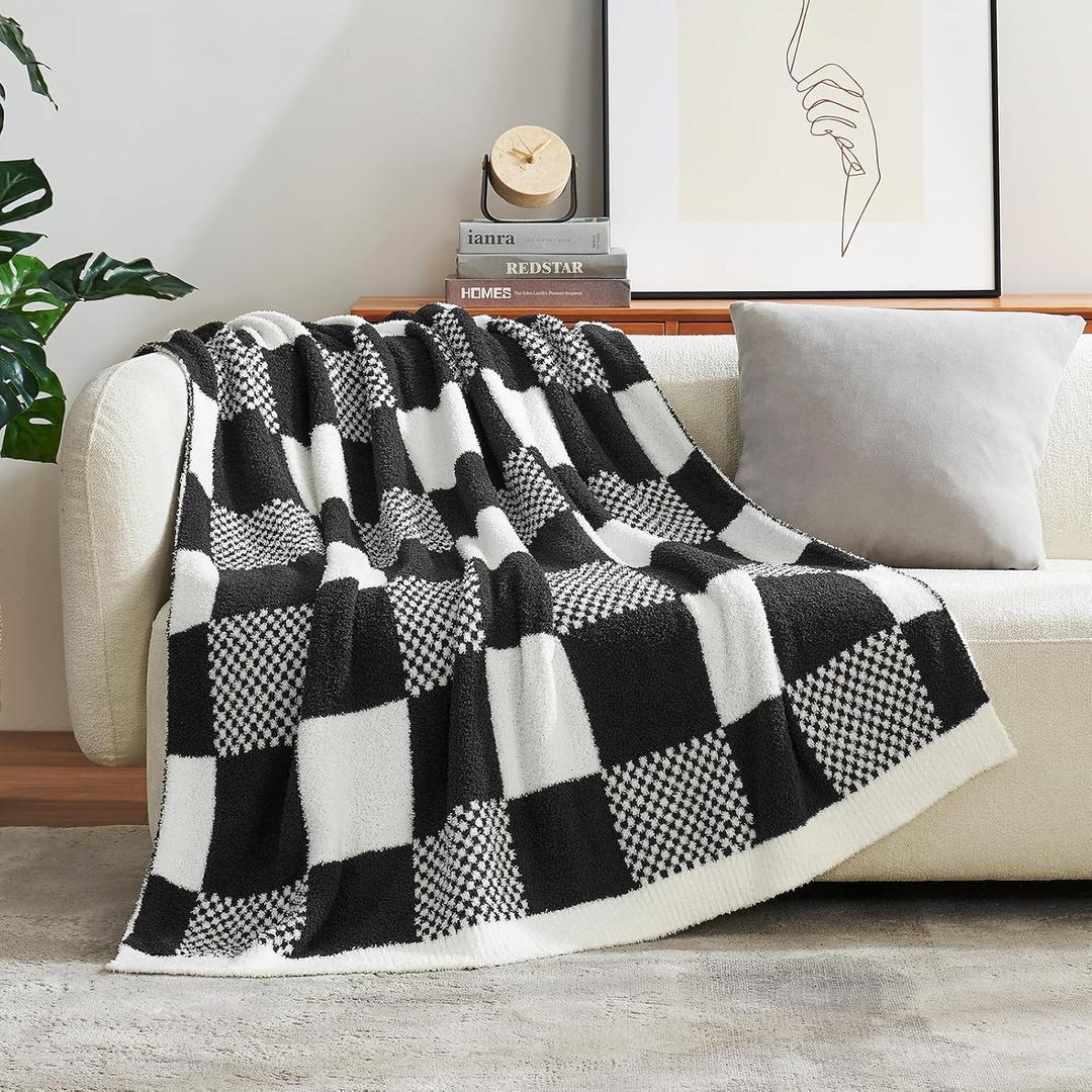 Snuggle Sac Checkered Blanket, Black White Throw Blanket for Couch Plaid Microfiber Fluffy Warm Fuzzy Cozy Soft Throw Blanket Reversible Checkerered Blankets for Sofa, Chair, Bed, Twin(60"x80")