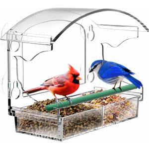 Clear Acrylic Window Bird Feeder for Outside with 4 Strong Suction Cups and Detachable Seed Tray, Highly Transparent Outdoor Viewing Birdfeeder, Wild Bird House Box