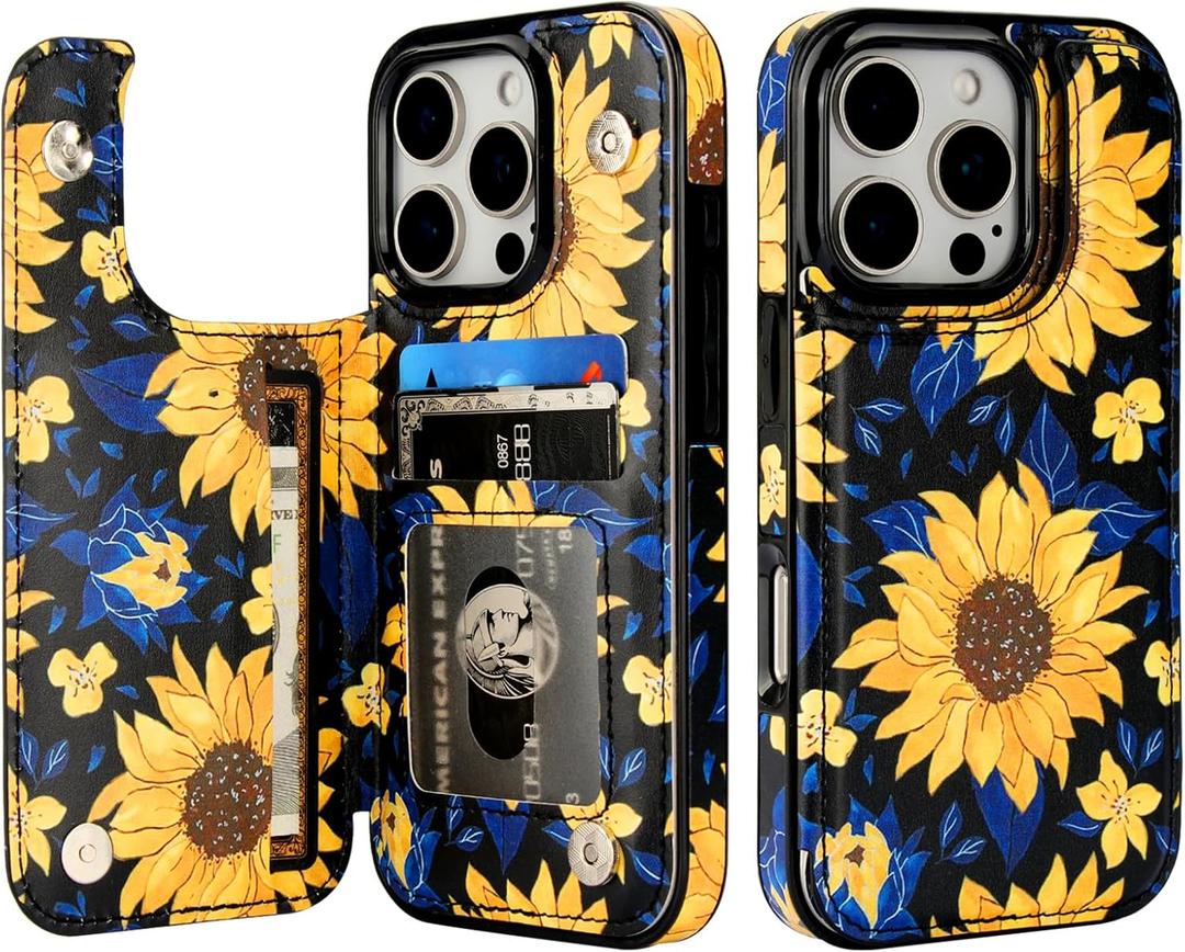 HAOPINSH for iPhone 16 Pro Wallet Case with Card Holder, Blooming Sunflowers Pattern Back Flip Folio PU Leather Kickstand Card Slots Case for Women Girls, Double Magnetic Clasp Shockproof Cover 6.3"