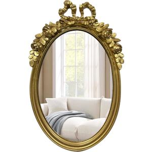 Vintage Vanity Makeup Desk Mirror, Antique Gold Bow Ellipse Table Mirror for Dressing Table, Bedroom, Bathroom, Tabletop