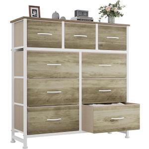 OLIXIS 9 Drawer Storage Dresser with Wood Top - Wide Fabric Chest Organizer for Bedroom, Closet, Living Room,Tower Cabinet, TV Stand, Hallway Entryway Furniture,Oak Greige