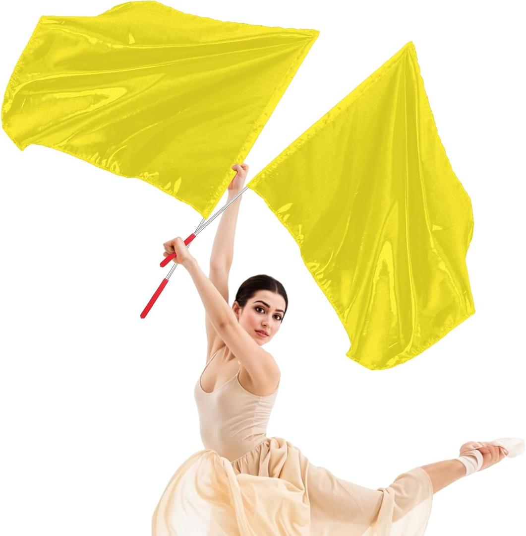 Piriuuo 2 Pcs Worship Flags for Dance, 27.5"x31.5" Praise Dance Flag with Scalable Rod Praise Flags for Worship Dancer Outdoor Practice Performance, Semicircle Angel Wing Design (Gold)